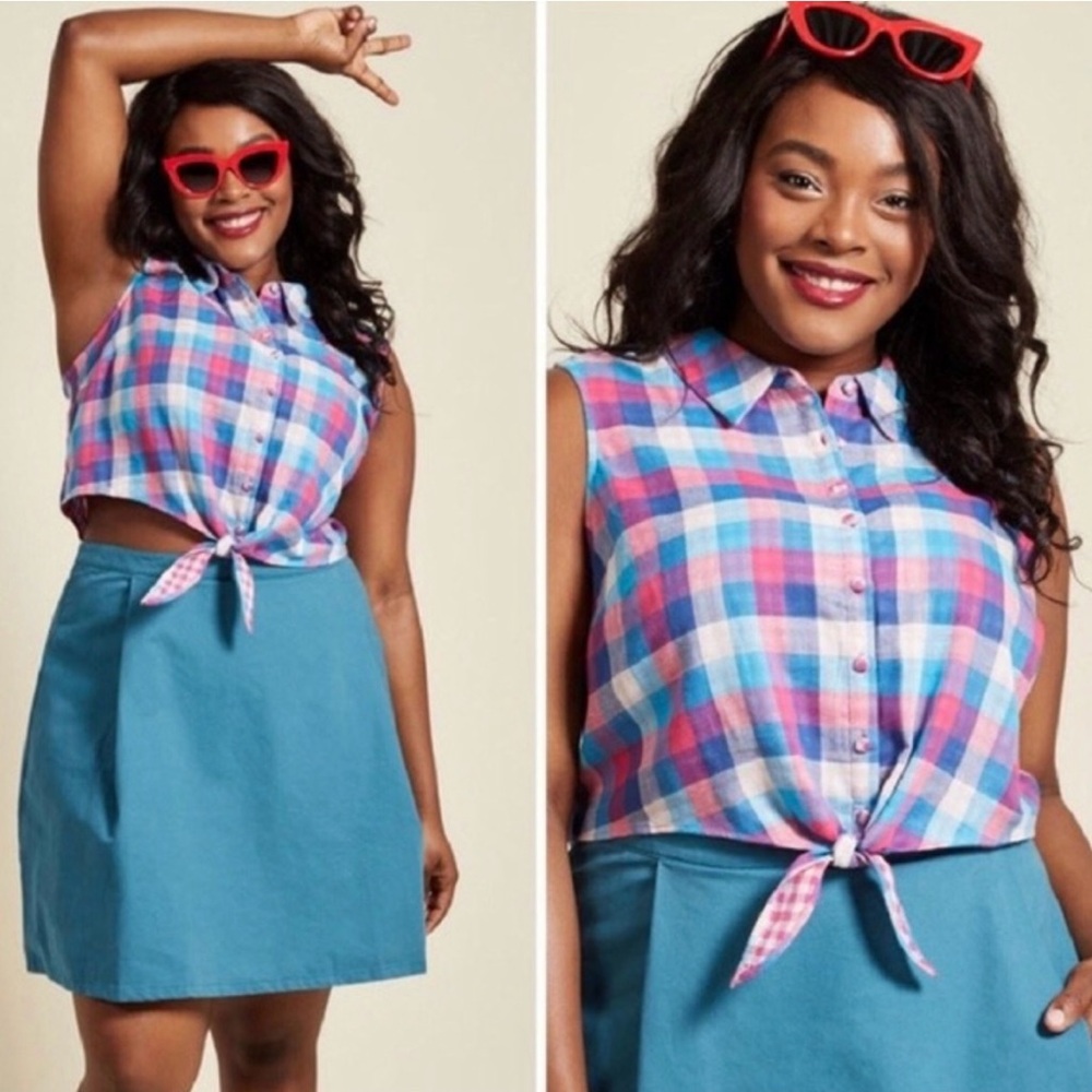 ModCloth NWOT Check Tie-Front Crop Top | Women’s 2XL | Blue Pink White